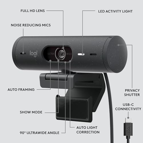 Logitech Brio 505 Full HD webcam with auto light correction, auto-framing, Show Mode, dual noise reduction mics, privacy shutter - Works with Microsoft Teams, Google Meet, Zoom - Grey Logitech