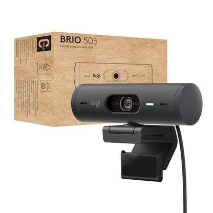 Logitech Brio 505 Full HD webcam with auto light correction, auto-framing, Show Mode, dual noise reduction mics, privacy shutter - Works with Microsoft Teams, Google Meet, Zoom - Grey Logitech